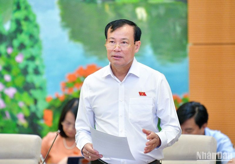 Chủ nhiệm Ủy ban Quốc phòng và An ninh của Quốc hội Lê Tấn Tới báo cáo tại phiên họp. (Ảnh: DUY LINH)