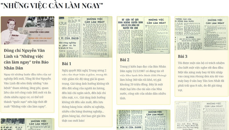 Chuyên mục "Những việc cần làm ngay" của Trang thông tin đặc biệt số hóa kho tư liệu đặc biệt với 31 bài báo của đồng chí Nguyễn Văn Linh đăng trên Báo Nhân Dân trong chuyên mục Những việc cần làm ngay (số đầu tiên 25/5/1987, số cuối cùng 28/9/1990).