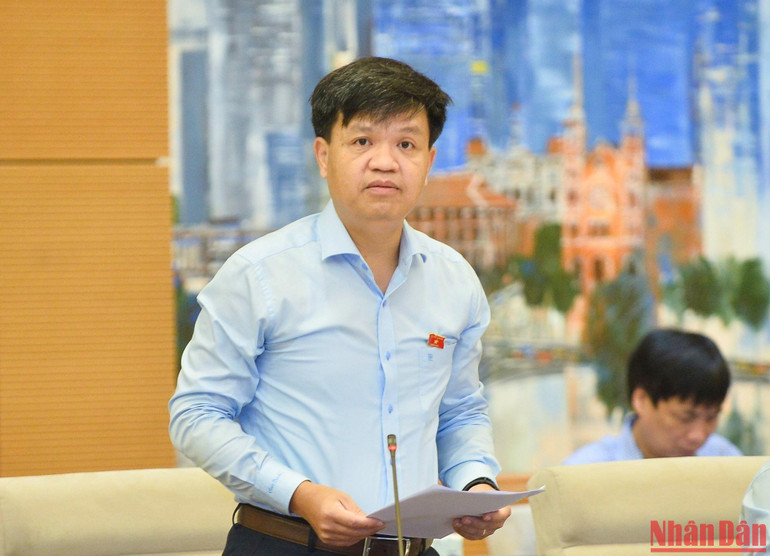 Phó Chủ nhiệm Ủy ban Khoa học, Công nghệ và Môi trường của Quốc hội Tạ Đình Thi trình bày báo cáo tại phiên họp.
