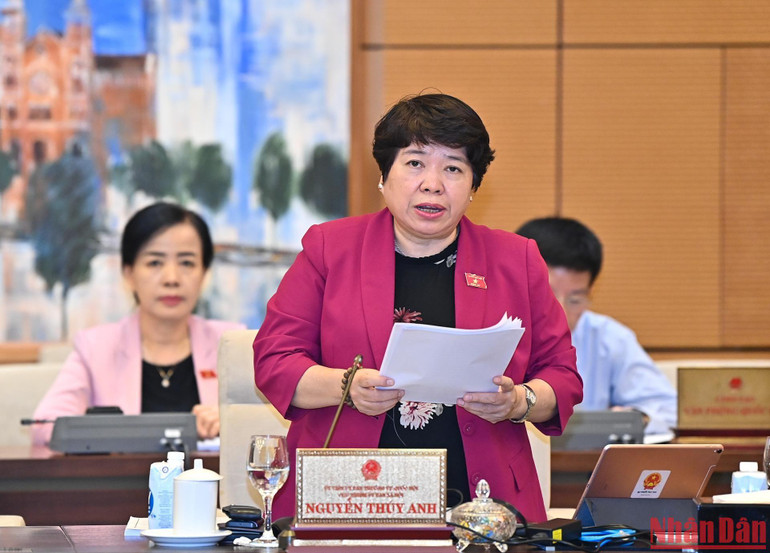 Chủ nhiệm Ủy ban Xã hội của Quốc hội Nguyễn Thúy Anh phát biểu tại phiên họp. (Ảnh: DUY LINH)