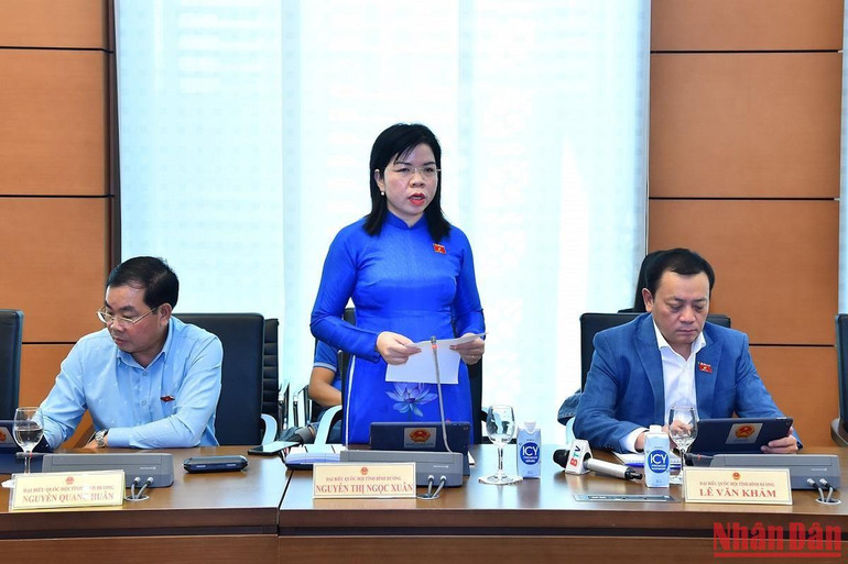 Đại biểu Nguyễn Thị Ngọc Xuân (đoàn Bình Dương) phát biểu trong phiên thảo luận tổ. (Ảnh: THỦY NGUYÊN)