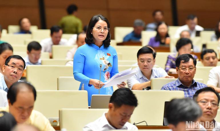 Đại biểu Nguyễn Hoàng Bảo Trân phát biểu ý kiến thảo luận. (Ảnh: THỦY NGUYÊN)