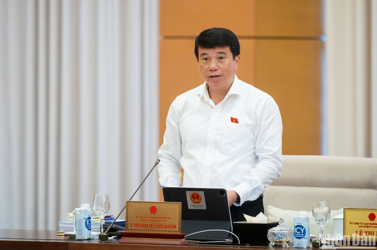 Chủ tịch Hội đồng Dân tộc Y Thanh Hà Niê K'đăm trình bày tờ trình về dự thảo Luật. (Ảnh: DUY LINH)