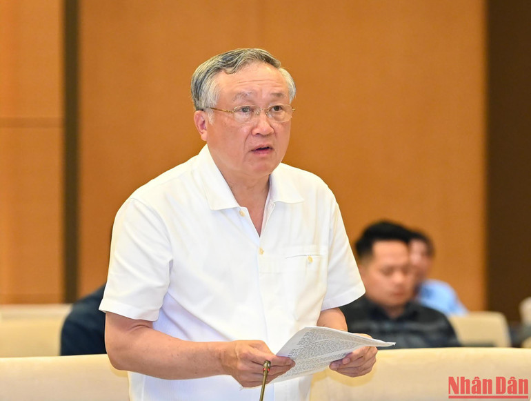 Chánh án Tòa án nhân dân tối cao Nguyễn Hòa Bình trình bày báo cáo tại phiên họp. (Ảnh: DUY LINH)