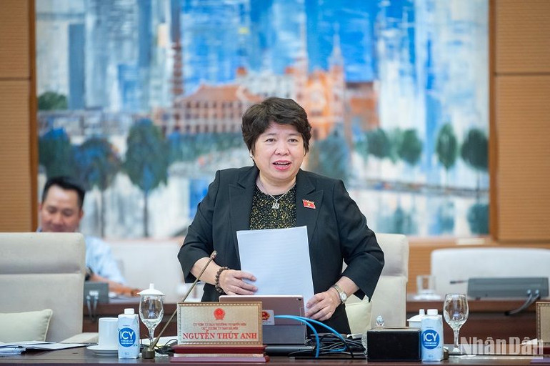 Phó Trưởng Đoàn giám sát của Quốc hội Nguyễn Thúy Anh báo cáo về vấn đề xin ý kiến Ủy ban Thường vụ Quốc hội. (Ảnh: DUY LINH)