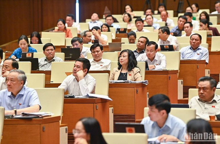 Các đại biểu dự phiên thảo luận ở hội trường sáng 31/5. (Ảnh: DUY LINH)