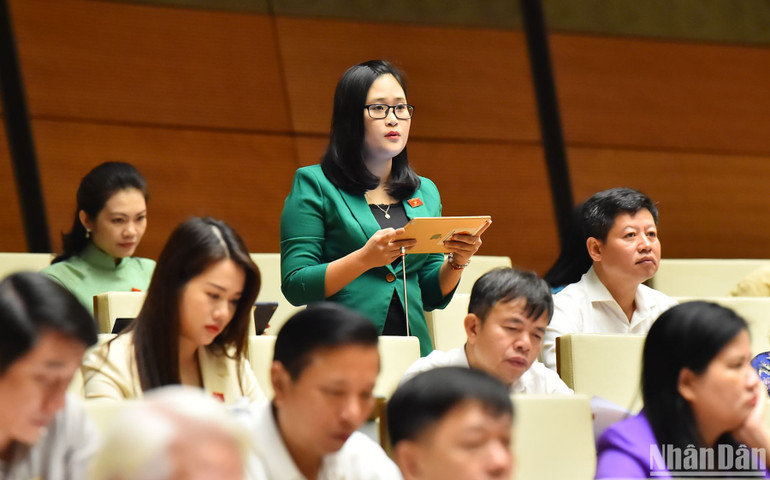 Đại biểu Quốc hội tham gia thảo luận ở hội trường sáng 1/11. (Ảnh: THỦY NGUYÊN)