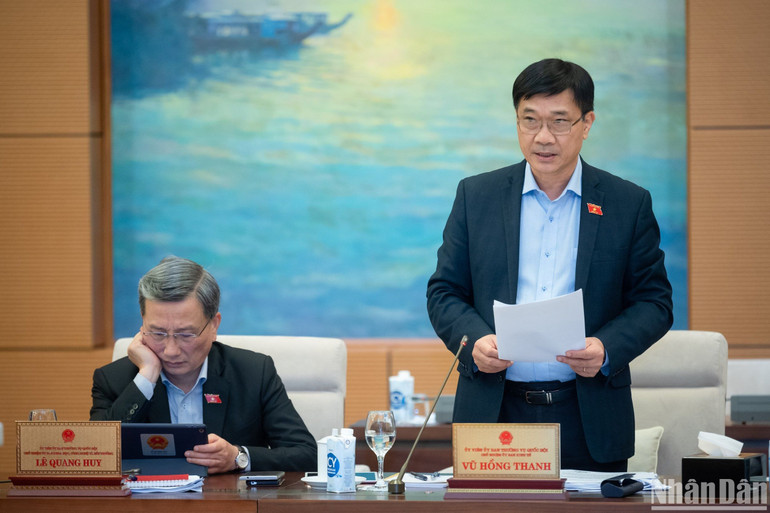 Chủ nhiệm Ủy ban Kinh tế Quốc hội Vũ Hồng Thanh báo cáo tại phiên họp. (Ảnh: DUY LINH)