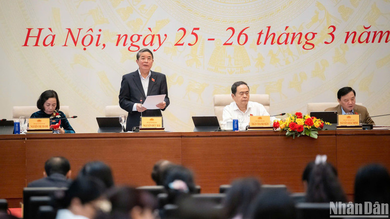 Phó Chủ tịch Quốc hội Nguyễn Đức Hải điều hành phiên thảo luận dự án Luật Thuế tiêu thụ đặc biệt (sửa đổi). (Ảnh: DUY LINH)