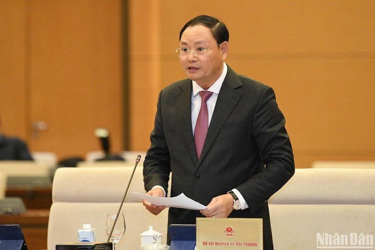 Thứ trưởng Tài nguyên và Môi trường Lê Minh Ngân trình bày Tờ trình của Chính phủ. (Ảnh: DUY LINH)