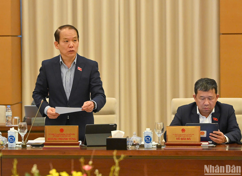 Chủ nhiệm Ủy ban Pháp luật của Quốc hội Hoàng Thanh Tùng báo cáo tại phiên họp. (Ảnh: DUY LINH)