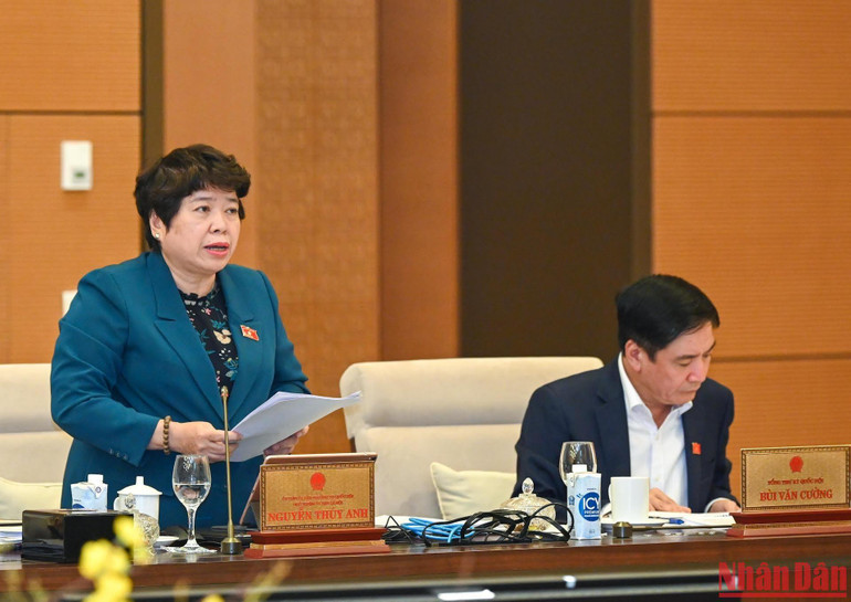 Chủ nhiệm Ủy ban Xã hội của Quốc hội Nguyễn Thúy Anh trình bày Báo cáo thẩm tra tại phiên họp.