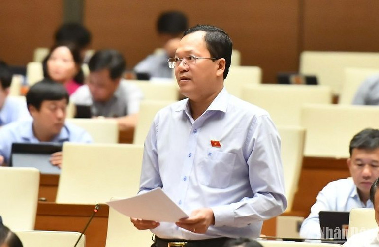 Đại biểu Huỳnh Thanh Phương góp ý kiến về dự thảo Nghị quyết. (Ảnh: ĐĂNG KHOA)