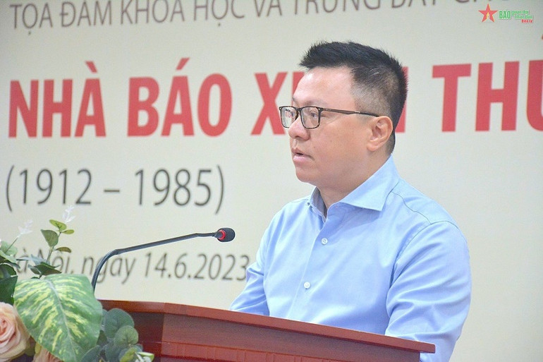 Tổng Biên tập Báo Nhân Dân, Chủ tịch Hội Nhà báo Việt Nam Lê Quốc Minh phát biểu tại Tọa đàm khoa học và trưng bày chuyên đề: Nhà báo Xuân Thủy (1912-1985) sáng 14/6. (Ảnh: TTXVN) Tổng Biên tập Báo Nhân Dân, Chủ tịch Hội Nhà báo Việt Nam Lê Quốc Minh phát biểu tại Tọa đàm khoa học và trưng bày chuyên đề: Nhà báo Xuân Thủy (1912-1985) sáng 14/6. (Ảnh: TTXVN)