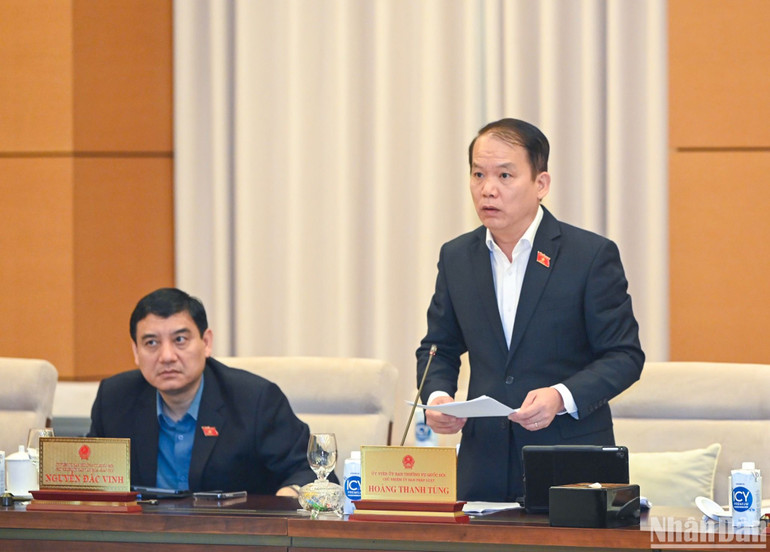 Chủ nhiệm Ủy ban Pháp luật Hoàng Thanh Tùng báo cáo thẩm tra đề nghị của Chính phủ. (Ảnh: DUY LINH)