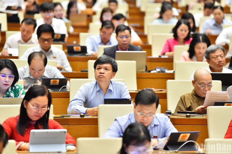 Đại biểu Quốc hội dự phiên thảo luận ở hội trường về kết quả thực hiện kế hoạch phát triển kinh tế-xã hội và ngân sách nhà nước sáng 29/5. (Ảnh: THỦY NGUYÊN)