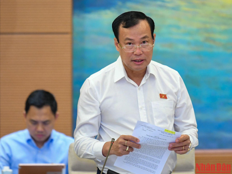 Chủ nhiệm Ủy ban Quốc phòng và An ninh của Quốc hội Lê Tấn Tới trình bày báo cáo thẩm tra.