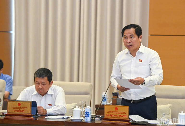 Chủ nhiệm Ủy ban Tài chính - Ngân sách Lê Quang Mạnh trình bày báo cáo thẩm tra tại phiên họp. (Ảnh: DUY LINH)