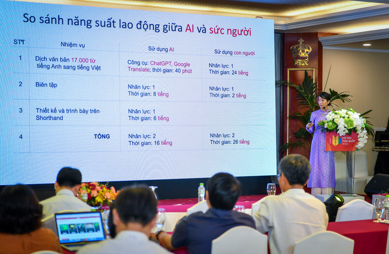 Nhà báo Thi Uyên (Báo Nhân Dân) trình bày tham luận trong phiên thảo luận về đầu tư, ứng dụng công nghệ hiệu quả tại các tòa soạn.