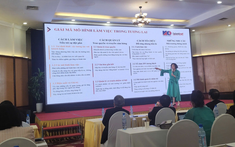 Bà Tiêu Yến Trinh, CEO Talentnet, trình bày về "Xu hướng nhân sự trong tương lai & ứng dụng AI trong quản trị nhân sự".