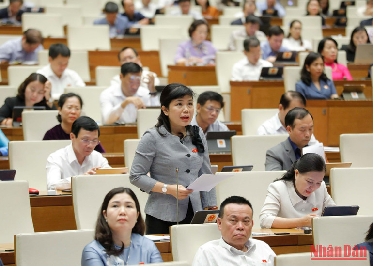 Đại biểu Nguyễn Thị Thu Hà (Quảng Ninh) tham gia ý kiến về nội dung phiên tòa trực tuyến. (Ảnh: ĐĂNG KHOA)