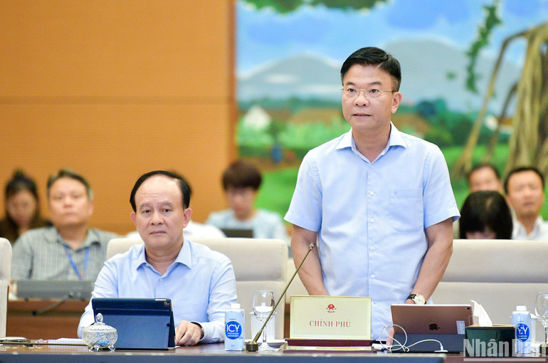 Phó Thủ tướng, Bộ trưởng Tư pháp Lê Thành Long phát biểu tại phiên họp. (Ảnh: DUY LINH)