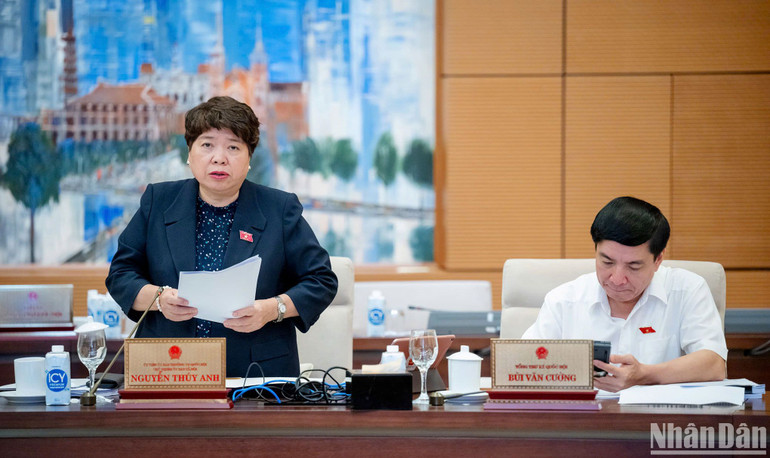 Chủ nhiệm Ủy ban Xã hội Nguyễn Thúy Anh báo cáo một số vấn đề lớn trong tiếp thu, giải trình và chỉnh lý dự thảo Luật. (Ảnh: DUY LINH)