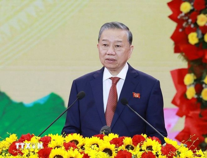 Tổng Bí thư Tô Lâm phát biểu tại lễ kỷ niệm. (Ảnh: TTXVN)