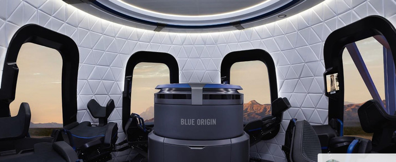 Bên trong tàu New Shepard, mỗi phi hành gia có một ghế ngồi cạnh cửa sổ trong khoang phi hành đoàn rộng rãi và có áp suất. Cabin có sức chứa sáu người và được kiểm soát môi trường để tạo sự thoải mái. (Ảnh: Blue Origin)