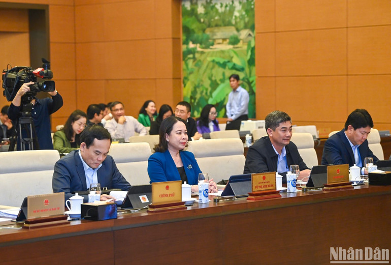 Phó Chủ tịch nước Võ Thị Ánh Xuân, Phó Thủ tướng Chính phủ Trần Lưu Quang và các đại biểu dự phiên họp. (Ảnh: DUY LINH)