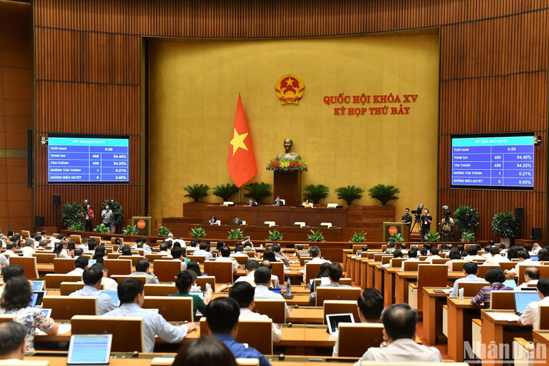 Nghị quyết về phê chuẩn quyết toán ngân sách nhà nước năm 2022 được Quốc hội thông qua với đa số đại biểu tham gia biểu quyết tán thành. (Ảnh: ĐĂNG KHOA)