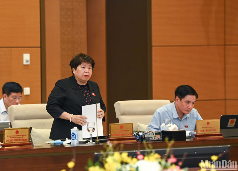 Chủ nhiệm Ủy ban Xã hội của Quốc hội Nguyễn Thúy Anh trình bày báo cáo thẩm tra sơ bộ về dự án Luật. (Ảnh: DUY LINH)