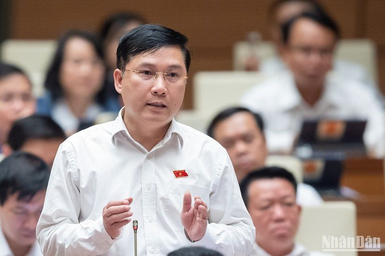 Đại biểu Lê Hoàng Anh (Đoàn Gia Lai) phát biểu tranh luận tại phiên họp. (Ảnh: THỦY NGUYÊN)