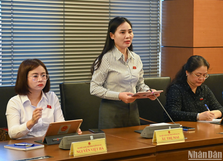 Đại biểu Âu Thị Mai (đoàn Tuyên Quang) phát biểu ý kiến trong phiên thảo luận tại tổ chiều 31/5. (Ảnh: DUY LINH)