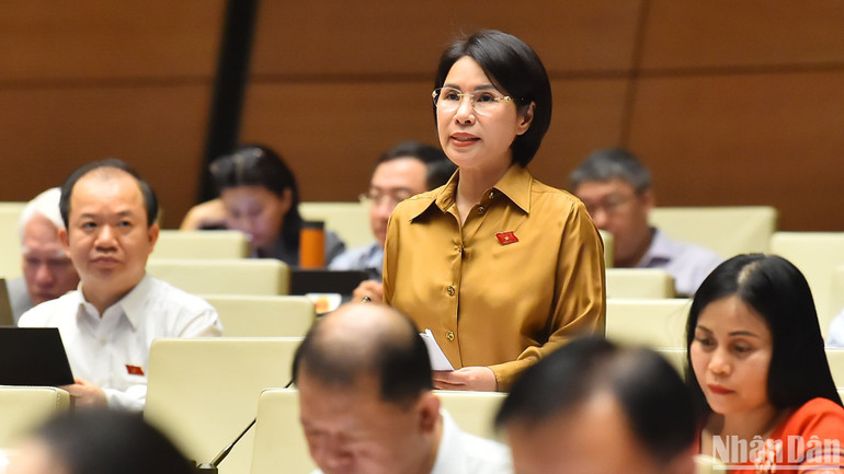 Đại biểu Trần Thị Nhị Hà (đoàn TP Hà Nội) góp ý kiến vào dự thảo Luật. (Ảnh: THỦY NGUYÊN)