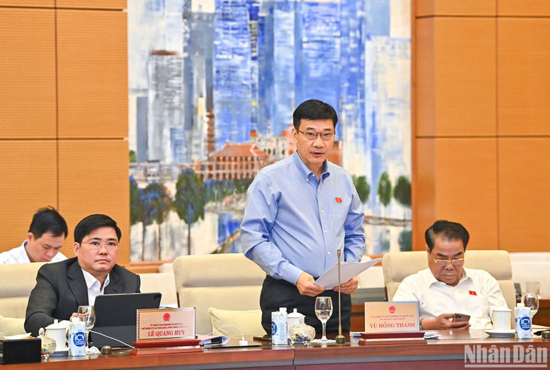 Chủ nhiệm Ủy ban Kinh tế Vũ Hồng Thanh trình bày báo cáo thẩm tra tại phiên họp sáng 9/5. (Ảnh: DUY LINH)