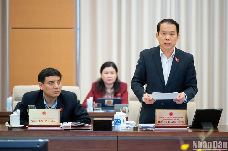 Chủ nhiệm Ủy ban Pháp luật Hoàng Thanh Tùng trình bày báo cáo thẩm tra tại phiên họp. (Ảnh: DUY LINH)