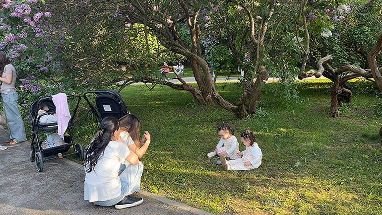 Các em nhỏ được bố mẹ mặc đẹp đi chụp ảnh với hoa. Các em nhỏ được bố mẹ mặc đẹp đi chụp ảnh với hoa.