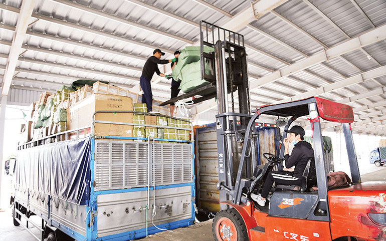 Bốc xếp hàng hóa tại bãi kiểm lối mở cầu phao tạm Km3+4 Hải Yên, Móng Cái.