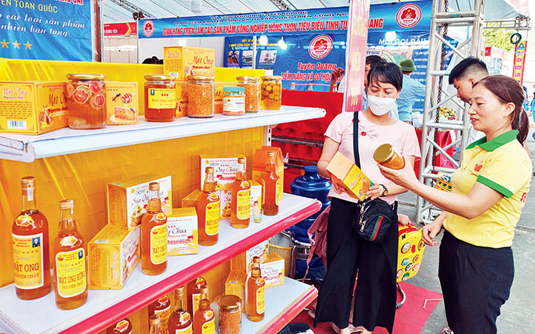 Các sản phẩm OCOP của Lào Cai được trưng bày và giới thiệu tại hội chợ. (Ảnh Viết Vinh)