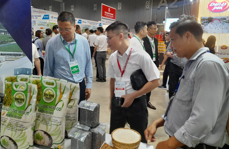 Nhà nhập khẩu nước ngoài tham quan sản phẩm gạo hữu cơ của Hợp tác xã nông nghiệp Kiến Bình (xã Kiến Bình, Tân Thạnh, Long An) được chứng nhận JAS-Quy định tiêu chuẩn hữu cơ của Nhật Bản.