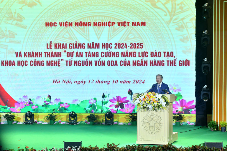 Tổng Bí thư, Chủ tịch nước Tô Lâm phát biểu tại Lễ khai giảng năm học 2024-2025 của Học viện Nông nghiệp Việt Nam.