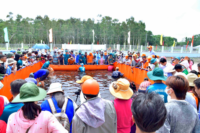 Hội thi bắt lươn rừng trong sự kiện “Hương rừng U Minh” thu hút đông khách thập phương tham gia, trải nghiệm.