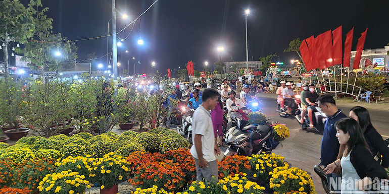 Người dân tấp nập mua sắm tại khu vực bán hoa, cây kiểng (thành phố Cà Mau) vào tối 30 Tết.