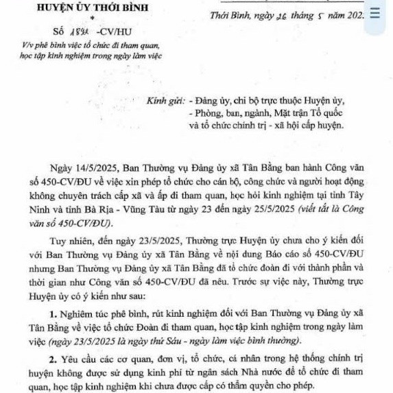 Công văn phê bình, rút kinh nghiệm của cấp trên đối với tập thể Ban Thường vụ Đảng ủy xã Tân Bằng.