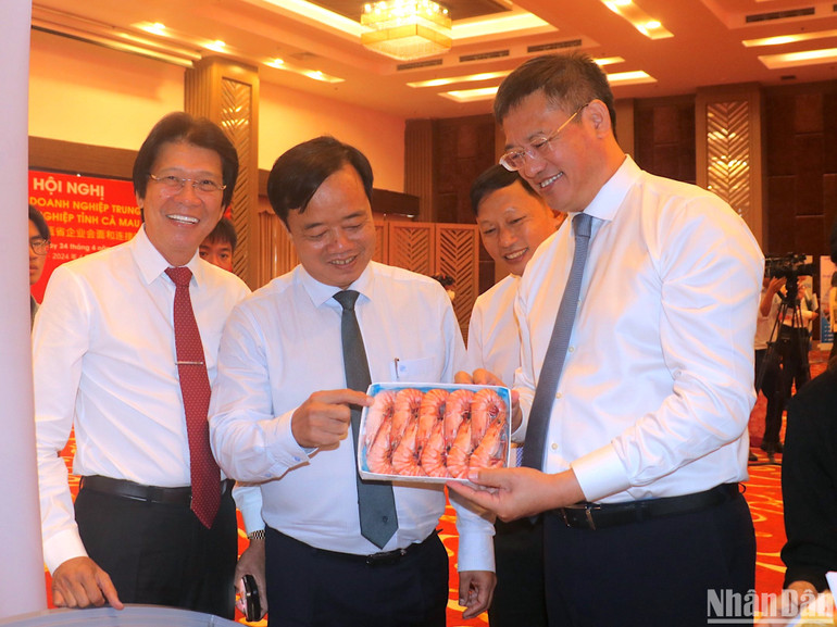 Tổng Lãnh sự Trung Quốc tại Thành phố Hồ Chí Minh Ngụy Hoa Tường (phải) tâm đắc với mặt hàng tôm sú sinh thái xuất khẩu của tỉnh Cà Mau. Tổng Lãnh sự Trung Quốc tại Thành phố Hồ Chí Minh Ngụy Hoa Tường (phải) tâm đắc với mặt hàng tôm sú sinh thái xuất khẩu của tỉnh Cà Mau.