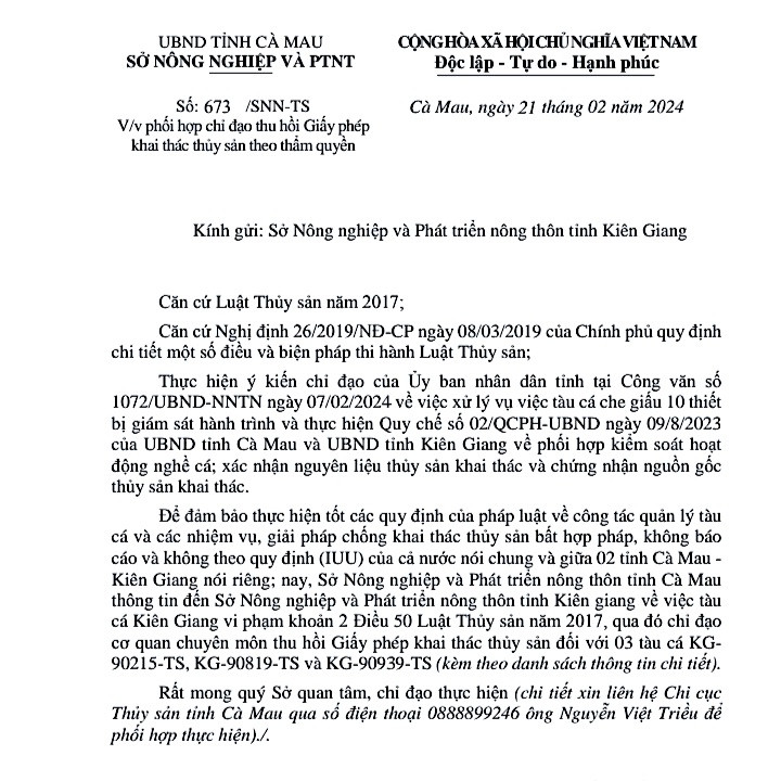 Văn bản của tỉnh Cà Mau đề nghị cơ quan chức năng tỉnh Kiên Giang phối hợp xử lý tàu cá vi phạm thuộc quyền quản lý của Kiên Giang.