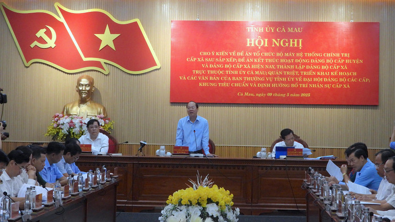 Bí thư Tỉnh ủy Cà Mau Nguyễn Hồ Hải (đứng) phát biểu tại hội nghị.