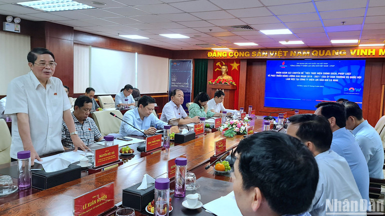 Phó Chủ tịch Quốc hội Nguyễn Đức Hải (đứng) phát biểu tại buổi làm việc với PV Power Ca Mau.