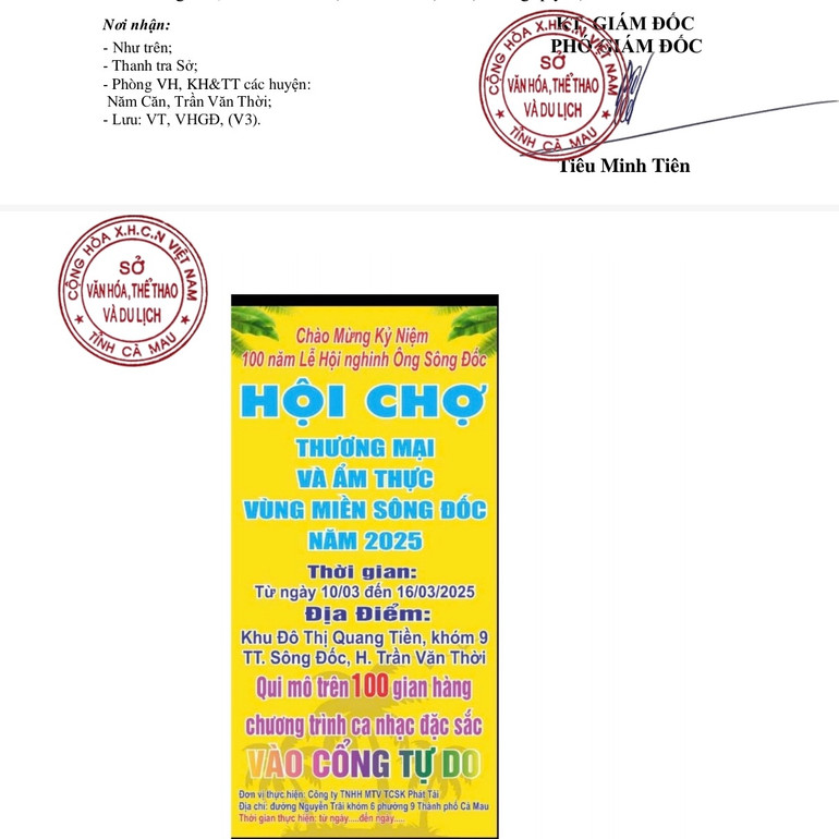 Ngoài chấp thuận từ Sở Công thương, Công ty Phát Tài cũng là đơn vị được Sở Văn hóa-Thể thao và Du lịch Cà Mau chấp thuận cho treo hình ảnh quảng cáo tại Hội chợ phục vụ 100 năm Lễ hội Nghinh Ông Sông Đốc.